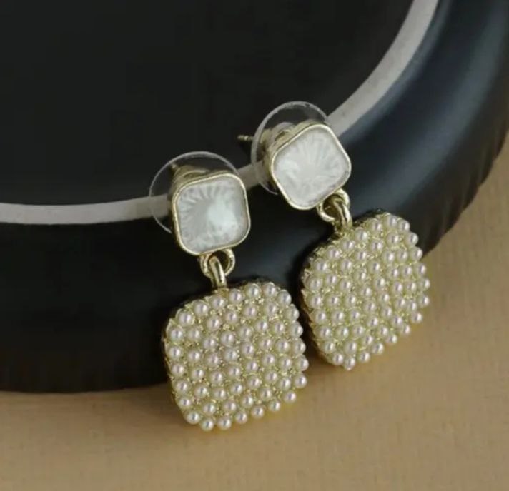 white pearl square earings
