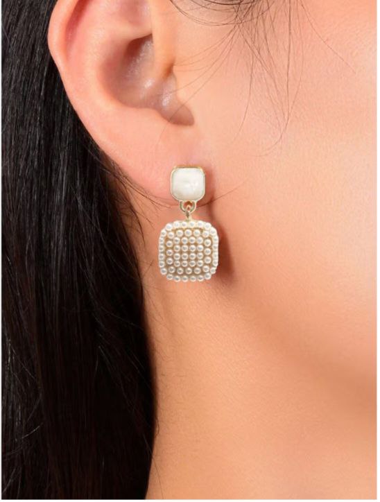 white pearl square earings